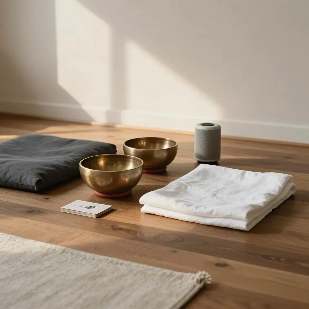 Quiet workshop calm-break kit with cushion, singing bowl, card deck and speaker on a studio floor.