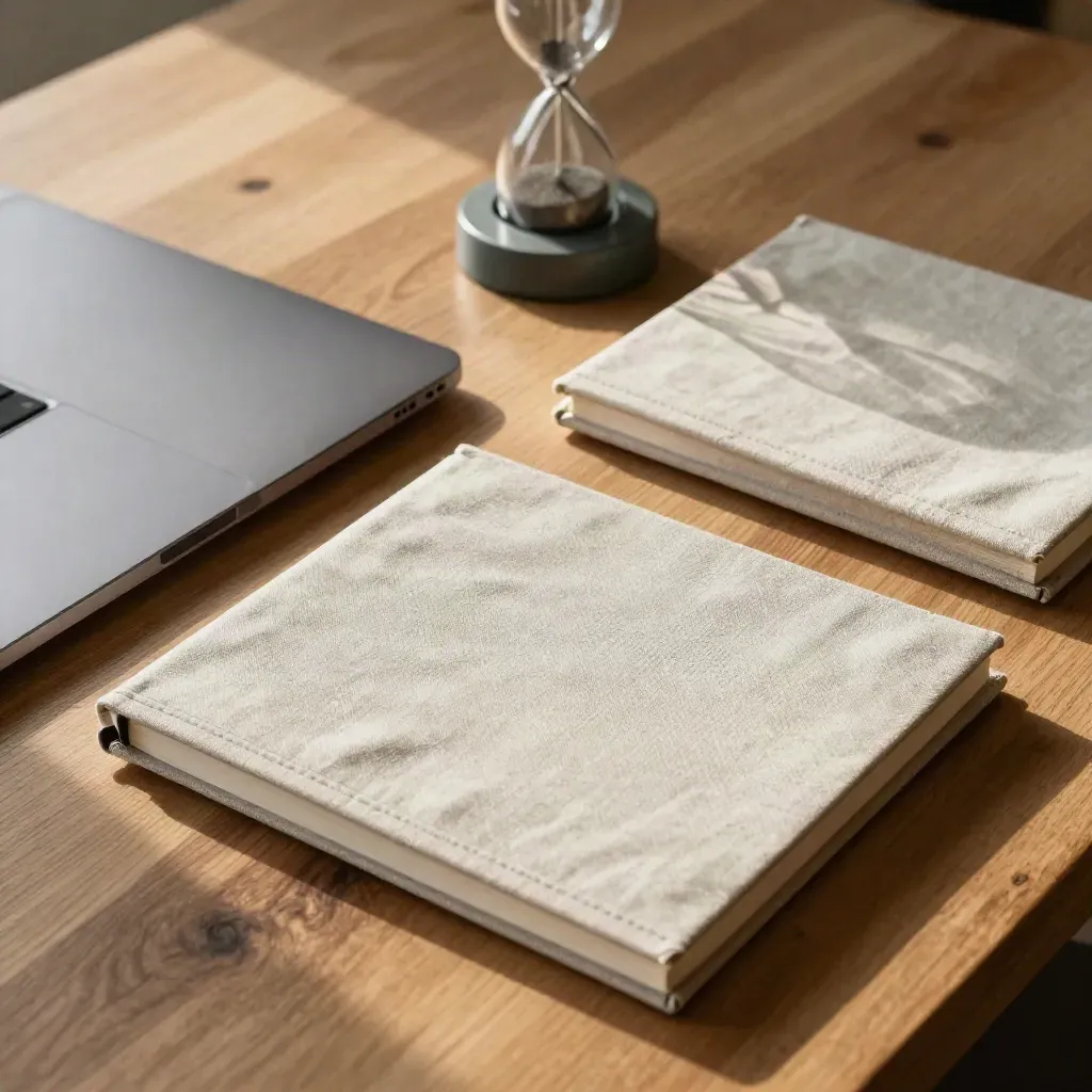 Closed laptop, timer, paperweight and aligned notebooks on an oak workbench.