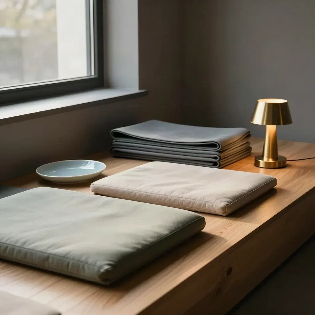 Quiet wellness break nook reset with cushions, mats, chime and lamp by a window.