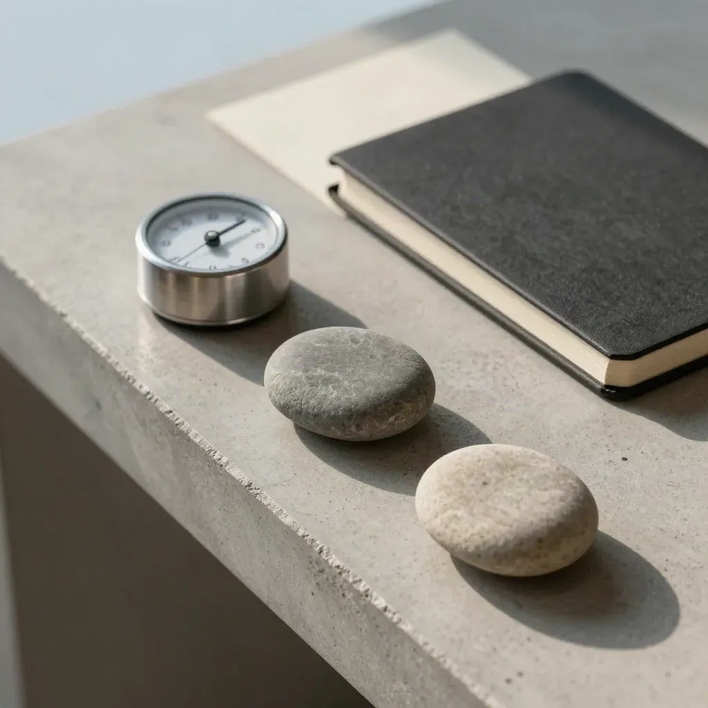 Overhead still life of stones, a timer, and a closed notebook on a concrete shelf.