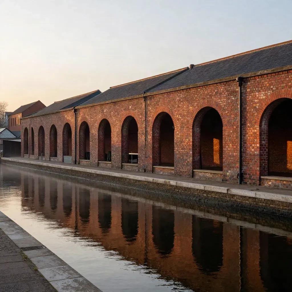 Midlands canalside arches and rooftops at sunset above calm water and mist.