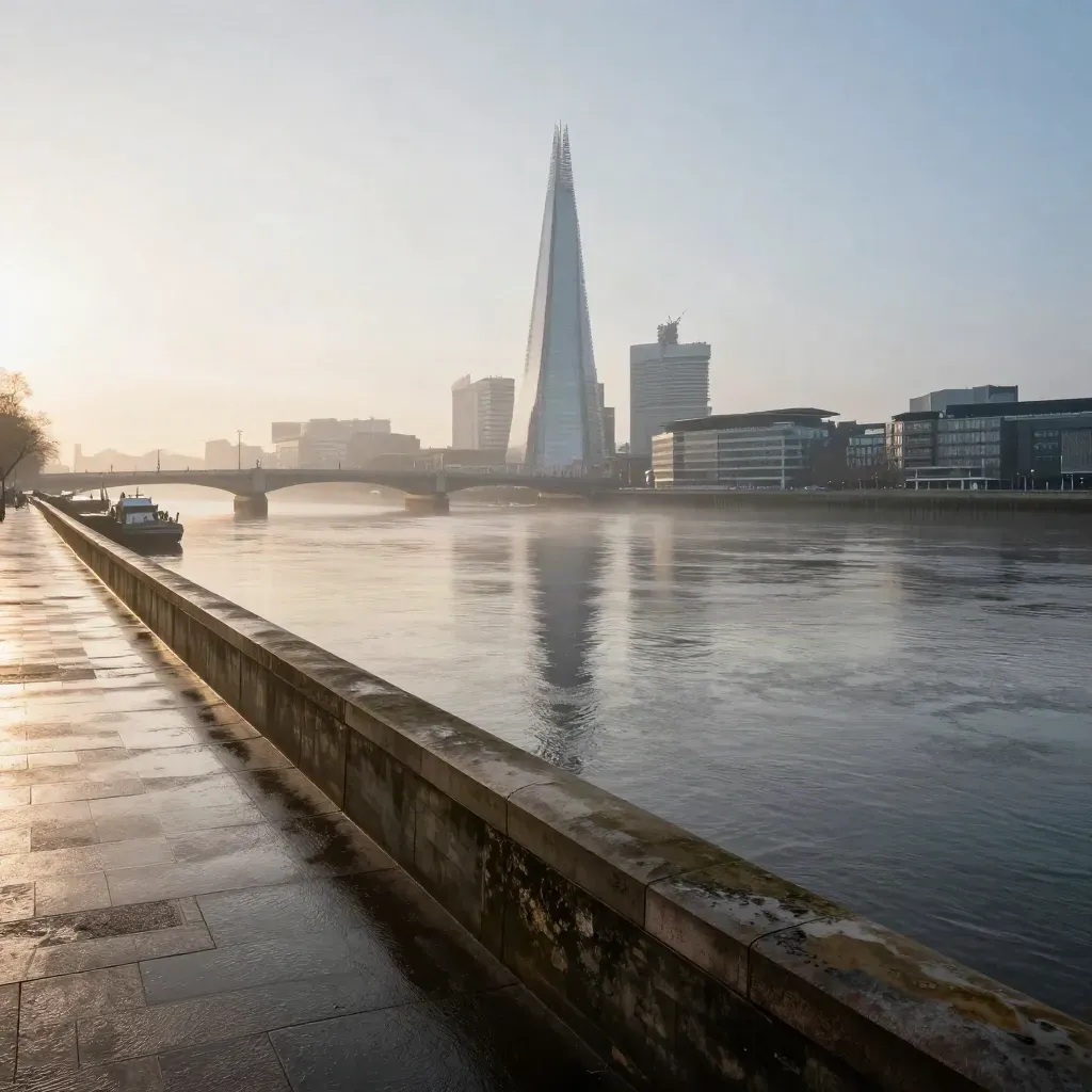 The Shard above the Thames in pale dawn mist, with quiet water and bridge lines high in frame.