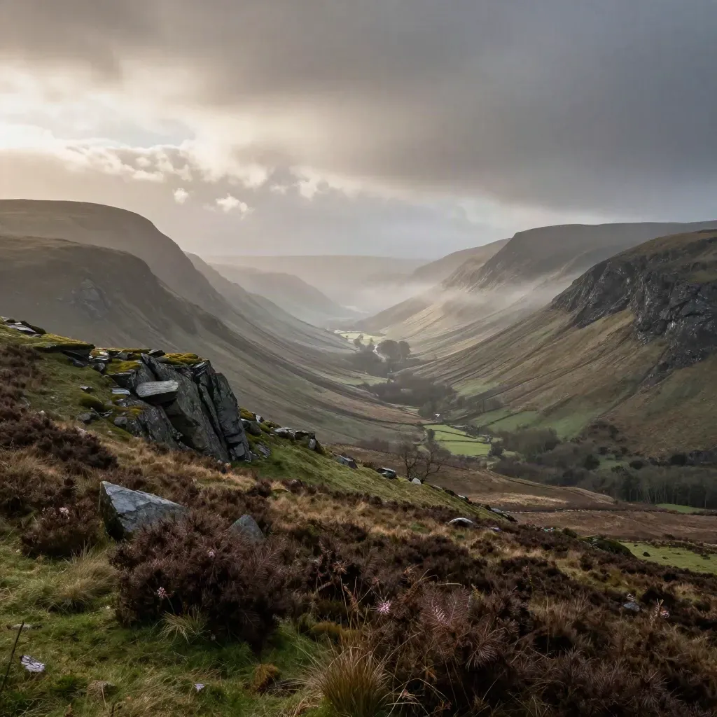 Lake District ridgeline above misty valley at late golden hour