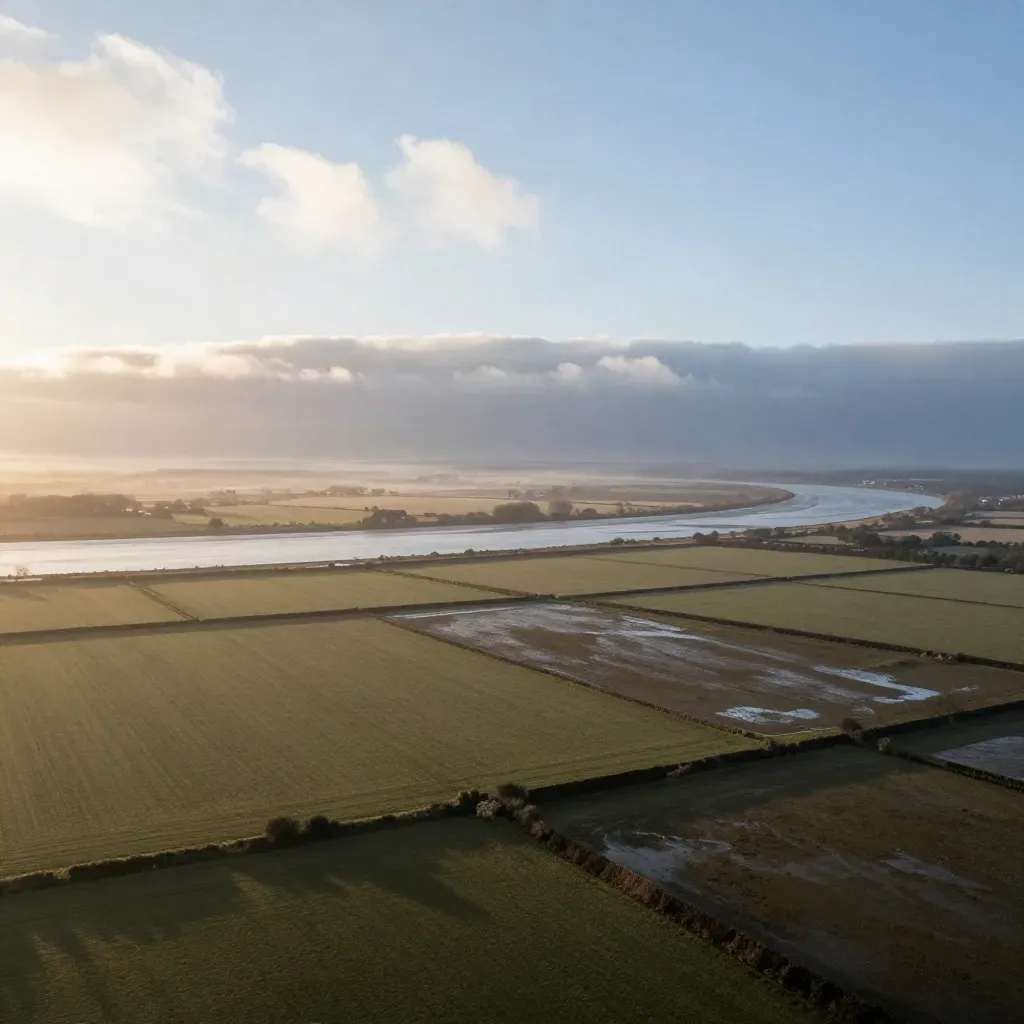 Misty aerial of UK fields and estuary water under glowing morning clouds after rain